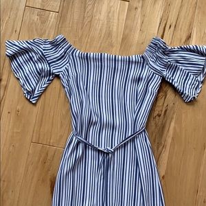 BR Blue striped lined OFF shoulder belted  dress